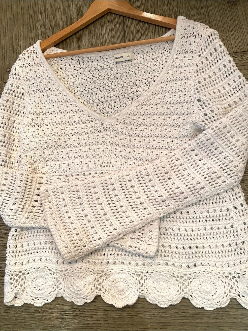 Hollister White Crochet V-Neck Sweater